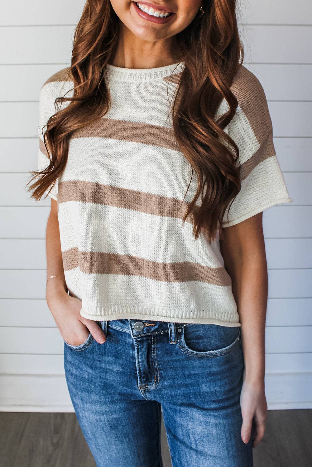 Khaki Stripe Short Sleeve Sweater