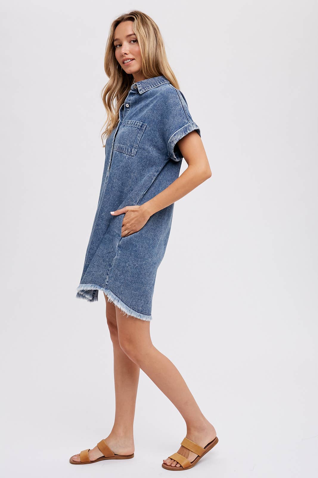 FRAYED HEM DENIM SHIRT DRESS
