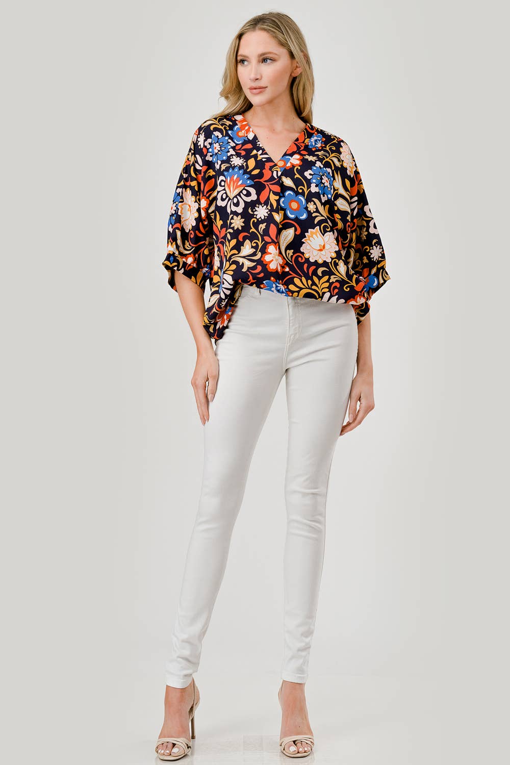 PLUS SIZE- Short 3/4 Sleeve Floral Print V-Neck Top