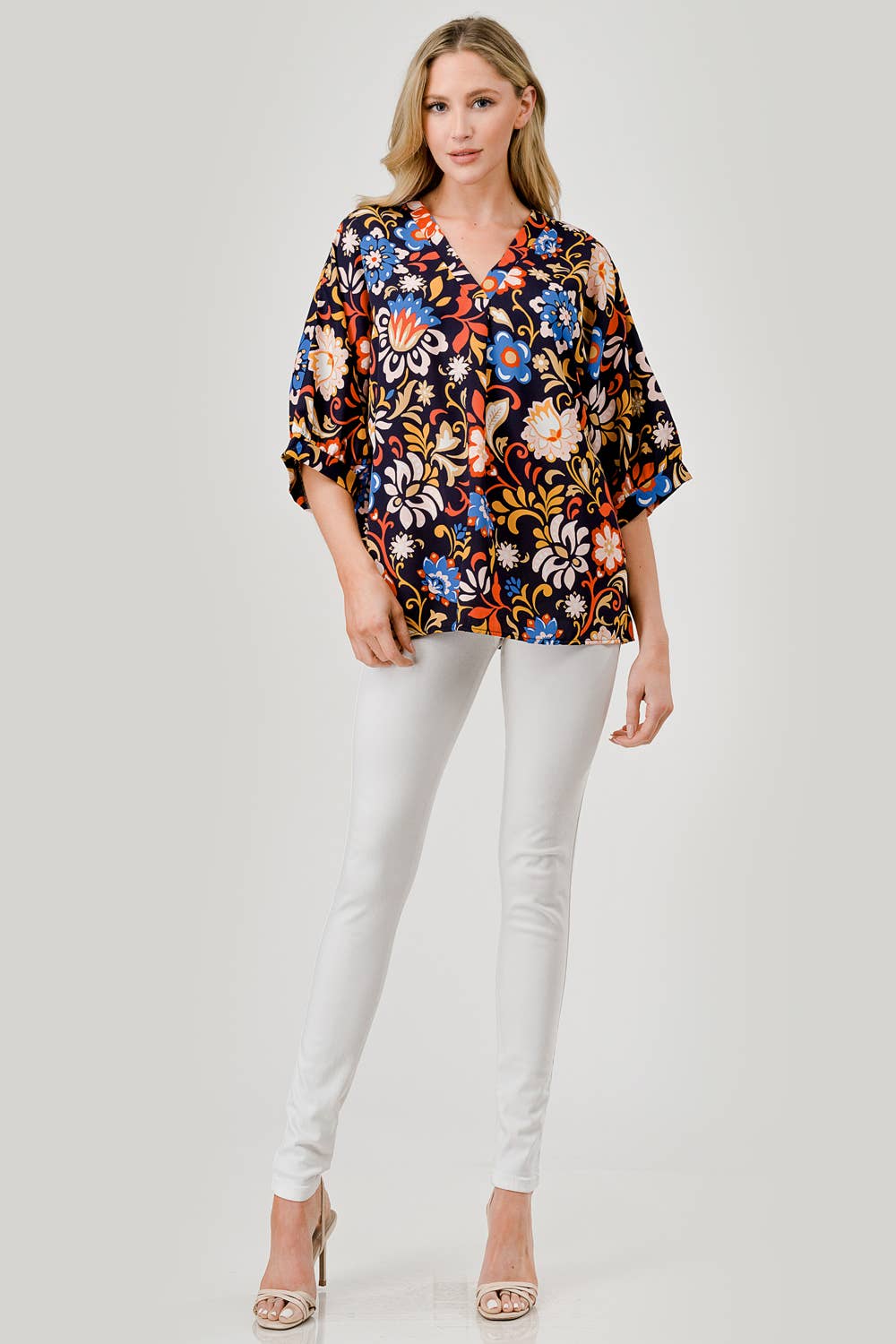 PLUS SIZE- Short 3/4 Sleeve Floral Print V-Neck Top