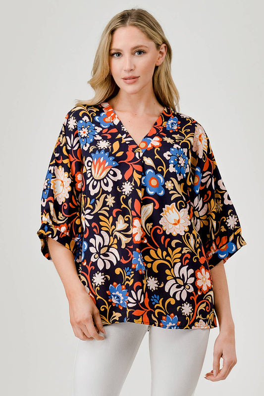PLUS SIZE- Short 3/4 Sleeve Floral Print V-Neck Top