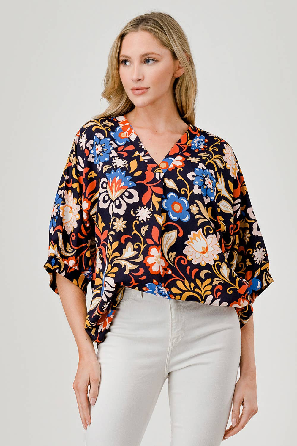 PLUS SIZE- Short 3/4 Sleeve Floral Print V-Neck Top